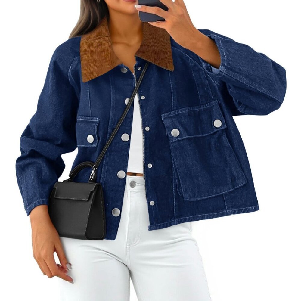 Cropped Denim Jacket Corduroy Collar Button Down Loose Fit Women's